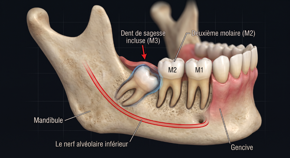Diagram of an impacted lower wisdom tooth (M3) against the second molar (M2), showing the mandible and the path of the inferior alveolar nerve beneath the tooth roots
